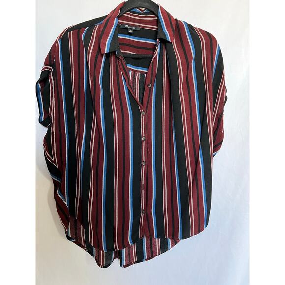 Madewell Striped Blouse, maroon/black, Small, Cap Sleeve, Button Down, High Low - Picture 1 of 10
